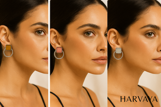 Harvaya 3-in-1 Combo: Square Stone Hoop Earrings Set – Yellow, Peach & White | Premium Designer Collection