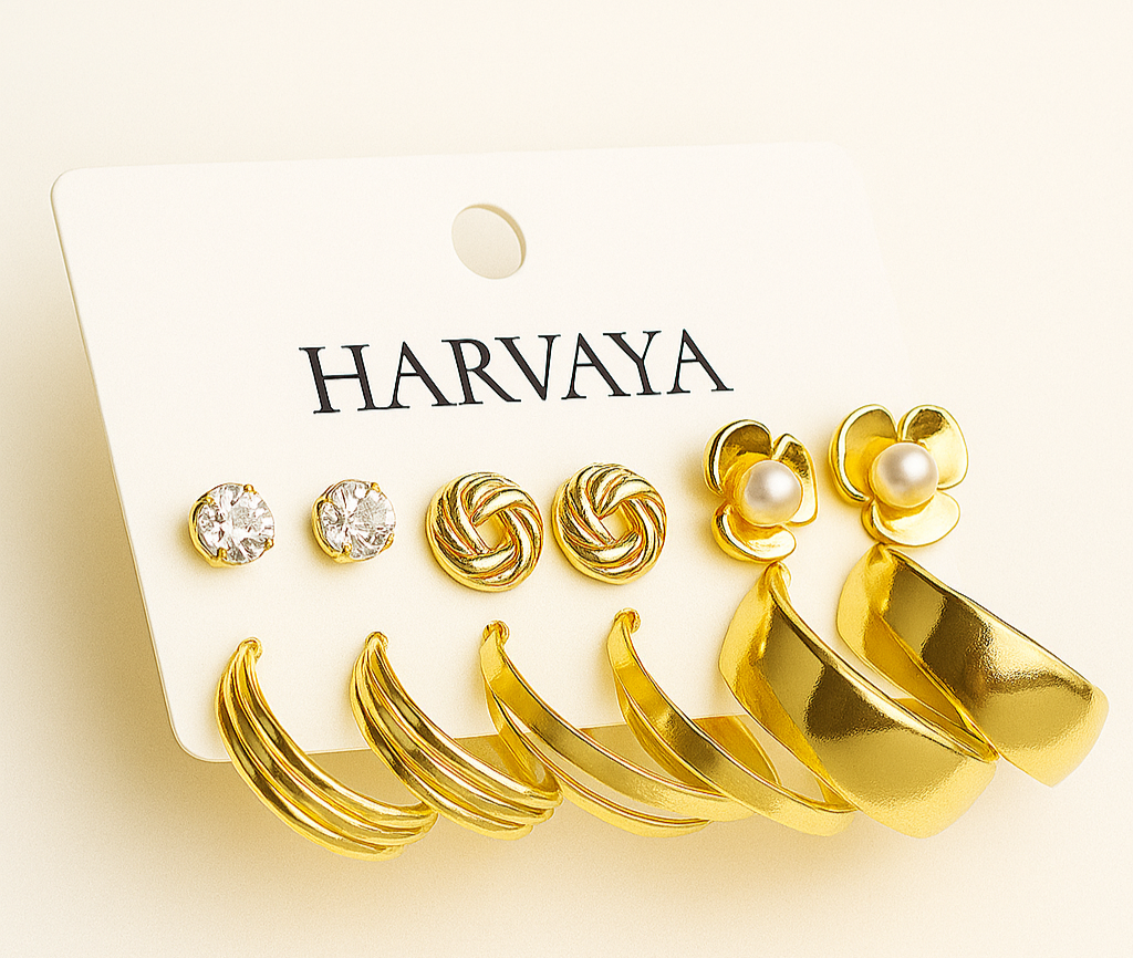 Elegant Gold-Toned 6-Pair Earring Set | Harvaya