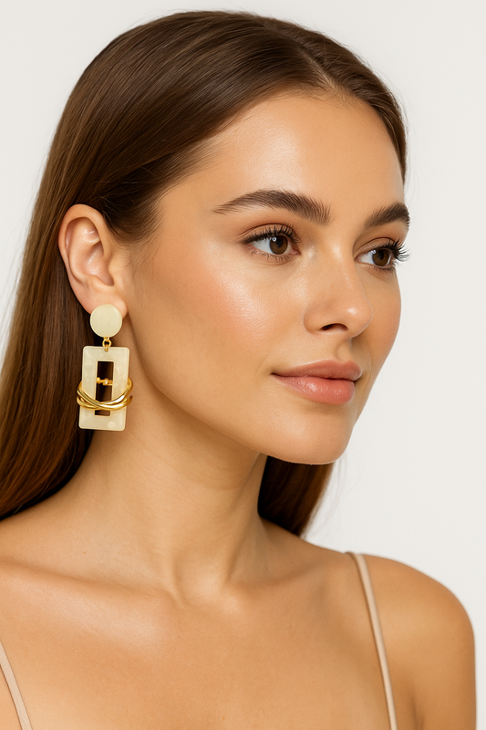 HARVAYA Elegant Pearl & Gold Rectangular Drop Earrings